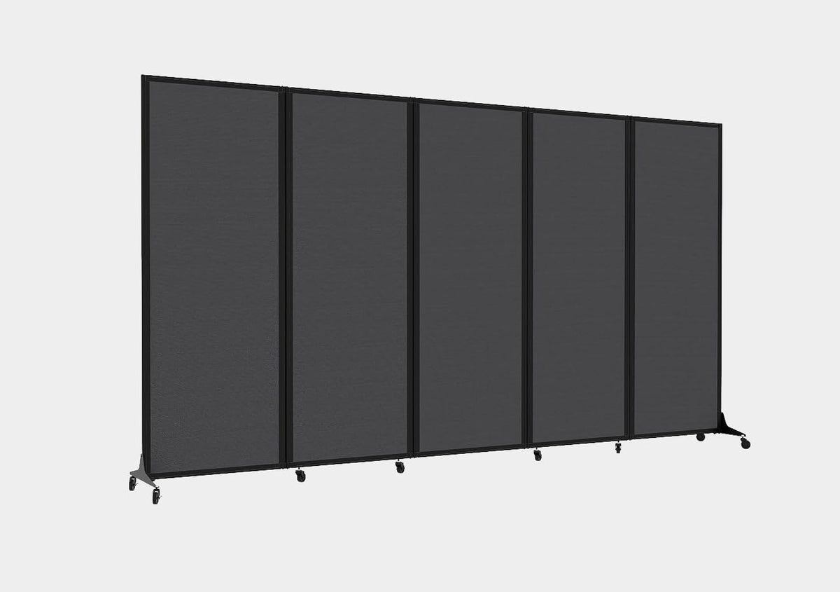 Versare Easy Wall Folding Room Divider | Freestanding Office Partitions | Classroom Dividers | Locking Wheels | Portable Room Separator | 14' Wide x 6' Tall Charcoal Gray Fabric Panels