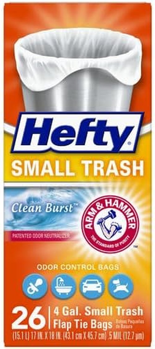 Hefty Small Garbage Bags - Flap Tie Design with Clean Burst Scent | 4 Gallon, 26 Count