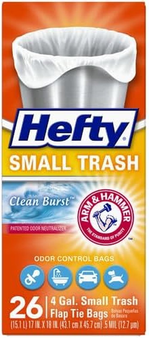 Hefty Small Garbage Bags - Flap Tie Design with Clean Burst Scent | 4 Gallon, 26 Count