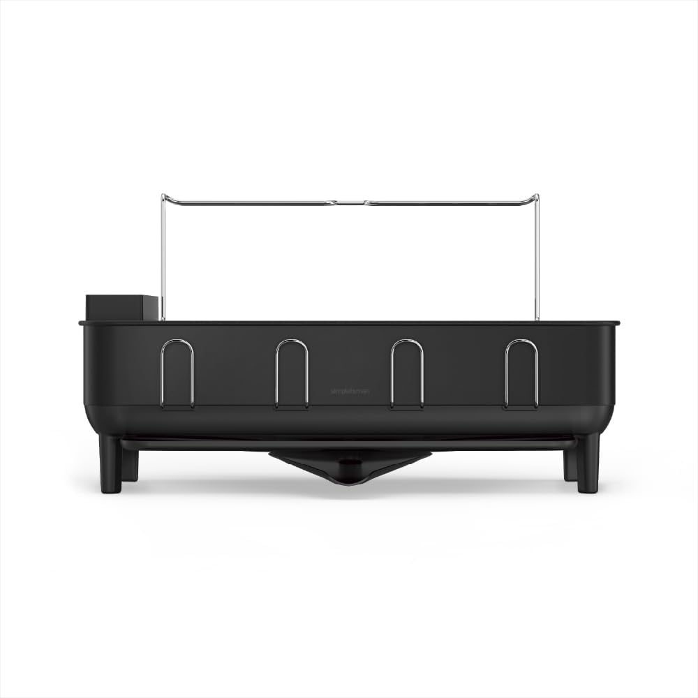 simplehuman Large Capacity Dish Drying Rack - Stainless Steel Frame, 360º Swivel Spout, Matte Black