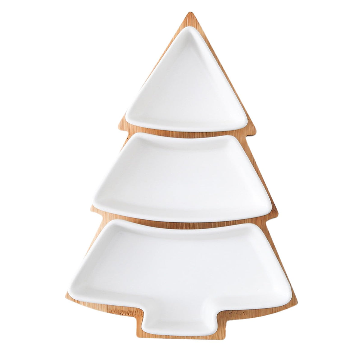 Qancesd Christmas Tree Shaped Platter Ceramic Dinner Plates with Wood Tray Christmas Tree Dishes Decorative Food Serving Tray for Appetizer Snack
