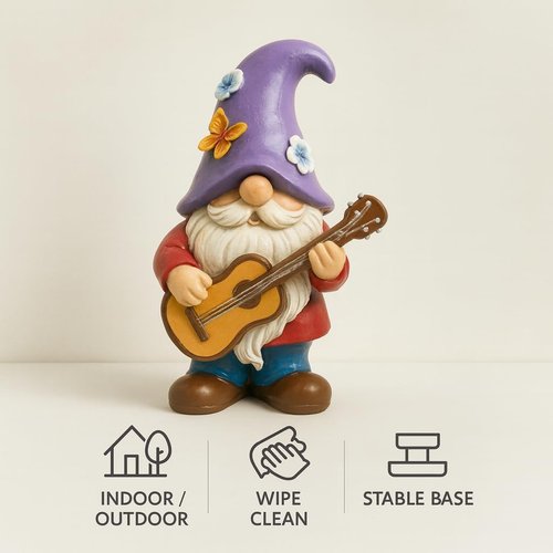 GoGnome Musical Gnome Figurine - Handcrafted 6.2" Tall Garden Decoration with Guitar, Purple Hat & Flowers