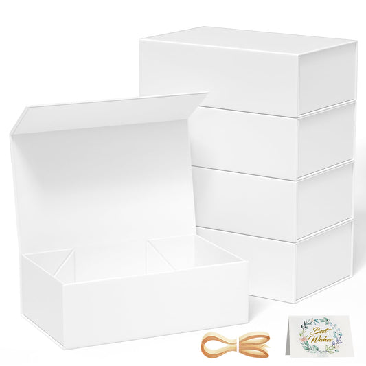 RYDDOY 5 Pack White Gift Box, 9.5x6x3'' Gift boxes for Presents with Lids Magnetic Closure Rectangle Collapsible for Bridesmaid Proposal Box, Wedding, Christmas, Halloween, Birthday Gift Packging