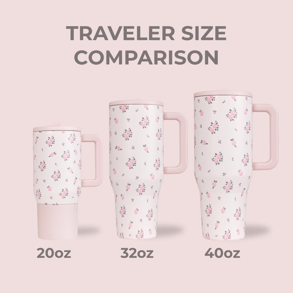 HydroJug Traveler - 40 oz Water Bottle with Handle & Flip Straw - Fits in Cup Holder, Leak Resistant Tumbler-Reusable Insulated Stainless Steel & Rubber Base - Gifts for Women & Men, Wildrose