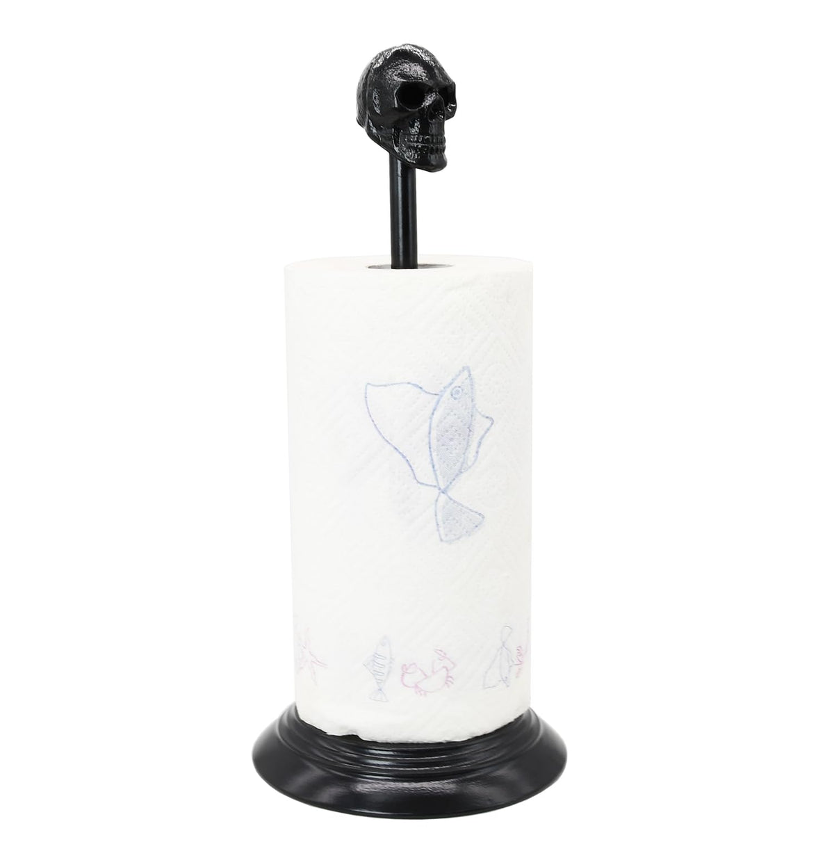 Owlgift Black Skull Paper Towel Holder – Gothic Cast Iron Head, Matte Iron Base, Dark Home & Halloween Kitchen Decor, 14.6” Tall