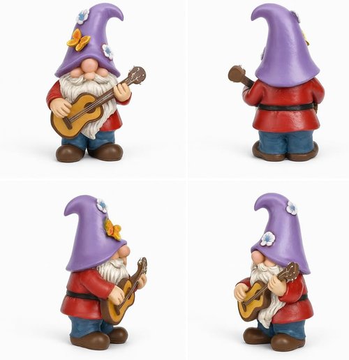 GoGnome Musical Gnome Figurine - Handcrafted 6.2" Tall Garden Decoration with Guitar, Purple Hat & Flowers