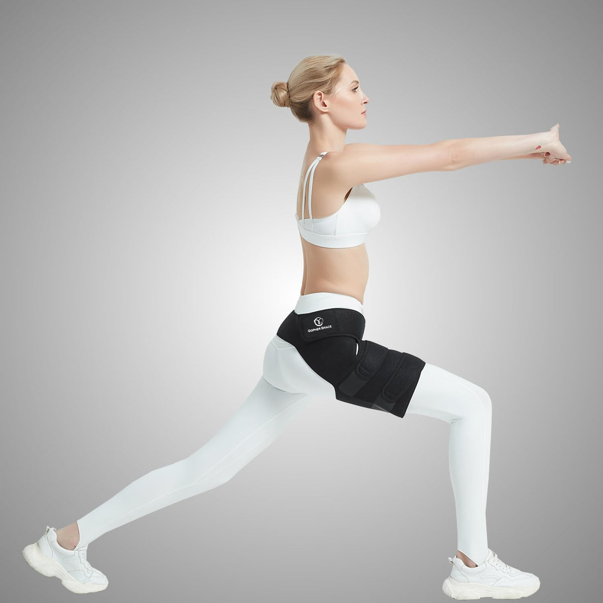 GOPHERBRACE Hip Brace Thigh Compression Sleeve - Adjustable Groin Compression Wrap for Sciatic Nerve Pain Relief, Hip Flexor Strain, Hamstring Pull, Joint Stabilizer for Men for Women (Black Left)
