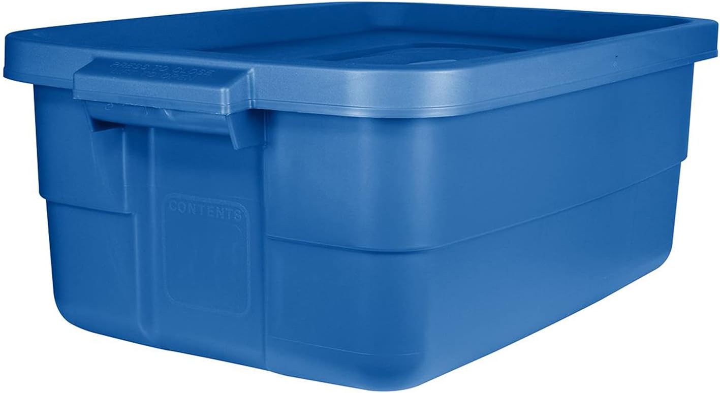 Rubbermaid Roughneck Tote - 10 Gallon Stackable Storage Bins | Rugged Plastic, Heritage Blue, 6 Pack