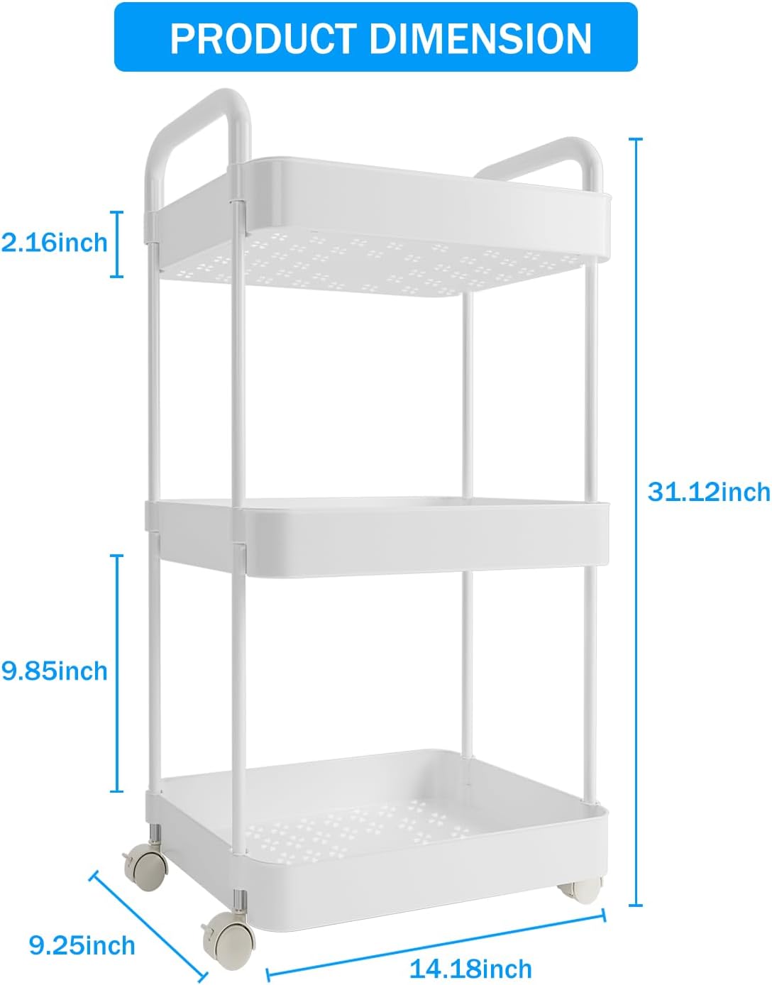 Volnamal Diaper Caddy Organizer - 3-Tier Movable Cart with Wheels for Newborn Essentials | White Plastic