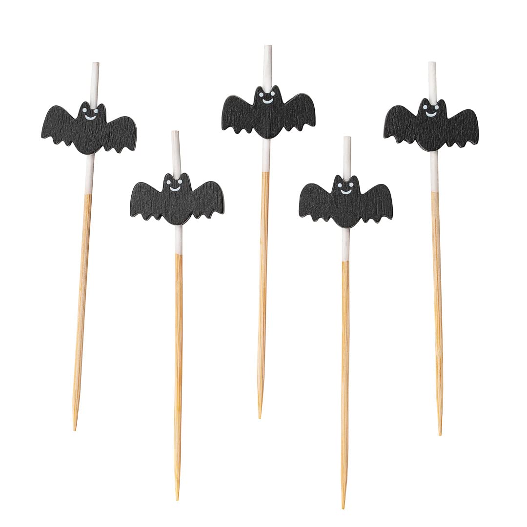 Restaurantware 3.5 Inch Halloween Skewers, 100 Pointed Bat Cupcake Toppers - Sturdy, Disposable, Black Bamboo Fall Food Picks, For Birthday Or Themed Party
