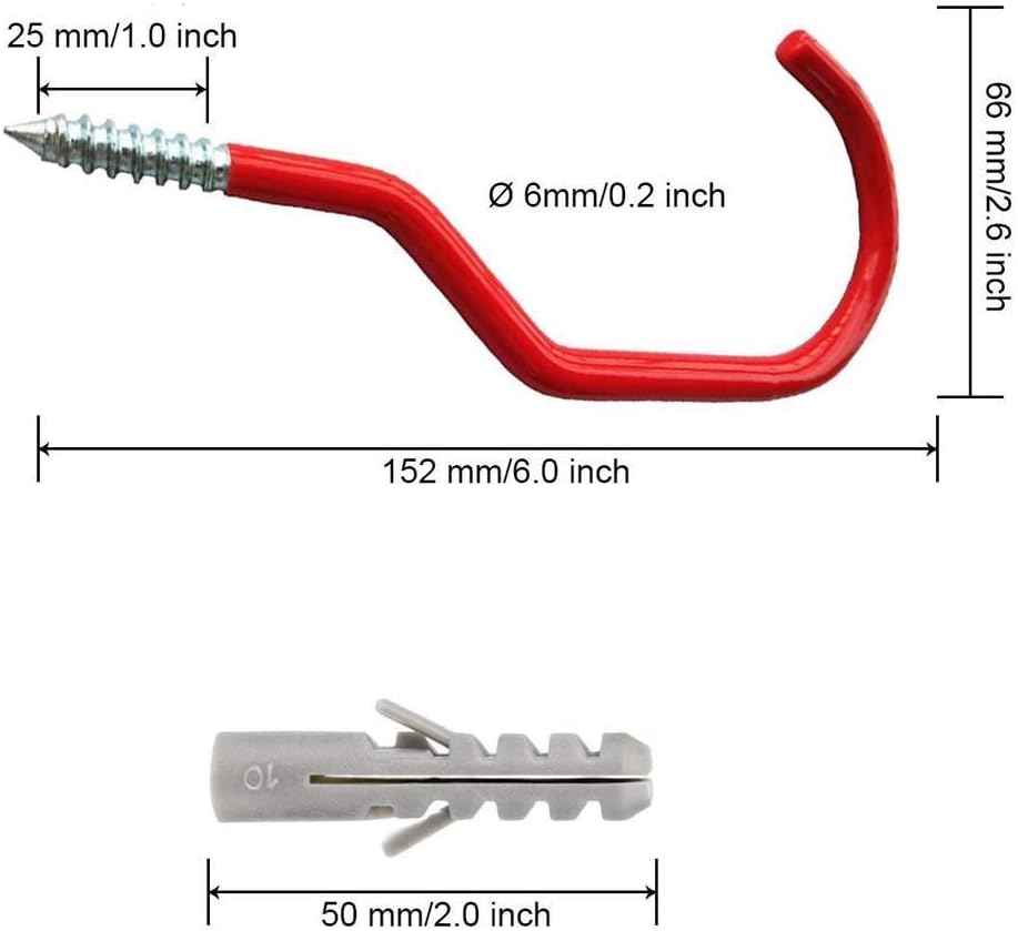 Skiennix Heavy Duty Bike Hooks - Set of 6 Screw-In Bicycle Storage Hangers | Plastic Coated for Wall/Ceiling Mount - Red