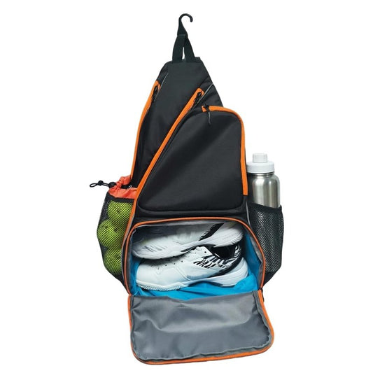 Alveroya Amber Orange Pickleball Sling Bag with Shoe Compartment for Men Women, Lightweight 2-3 Paddle Crossbody Backpack, Sports Bag with Water Bottle Pocket & Fence Hook
