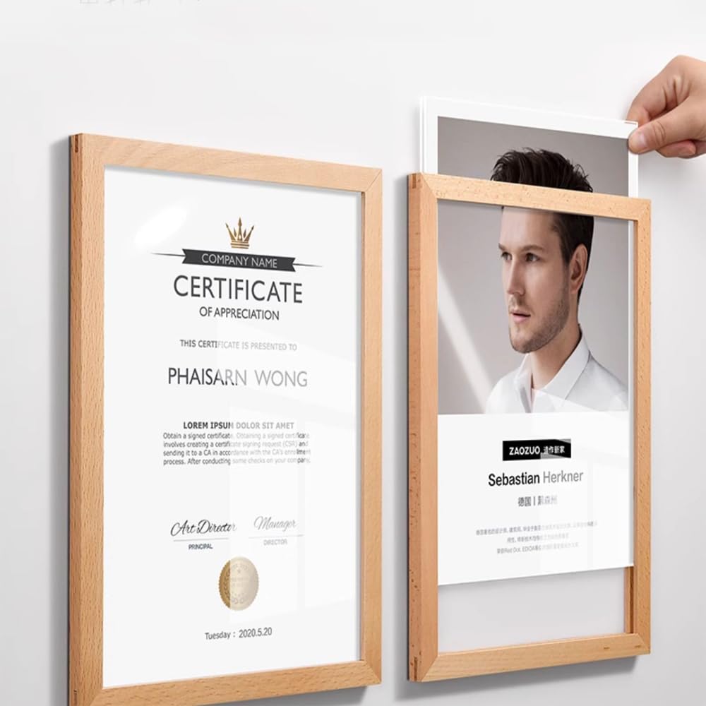 ECKEK Wall Mount Acrylic Sign Holder Self Adhesive Magnetic Display Frame Clear Document Frame for Office, Store, School, Home, Wall Picture Frame (Beech A3 297×420mm/11.69×16.54inches)