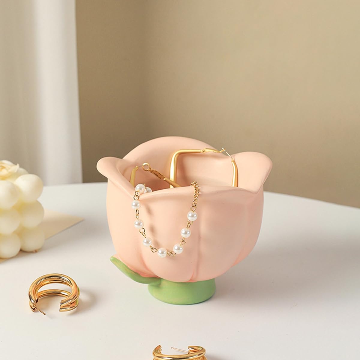 JARPSIRY Cute Jewelry Dish Tray, Resin Flower Shaped Candy Dish, Decorative Bowl, Trinket Box, Key Holder, Desk & Bathroom Organizer for Women (Pink)