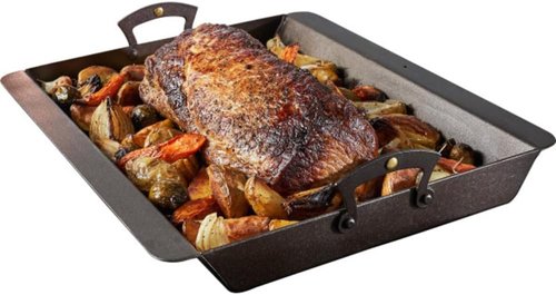 Classic Cuisine Iron Roasting Pan - Pre-Seasoned with Brass Handles & Flanged Edges | Versatile Cookware for Oven, Stovetop & Grill