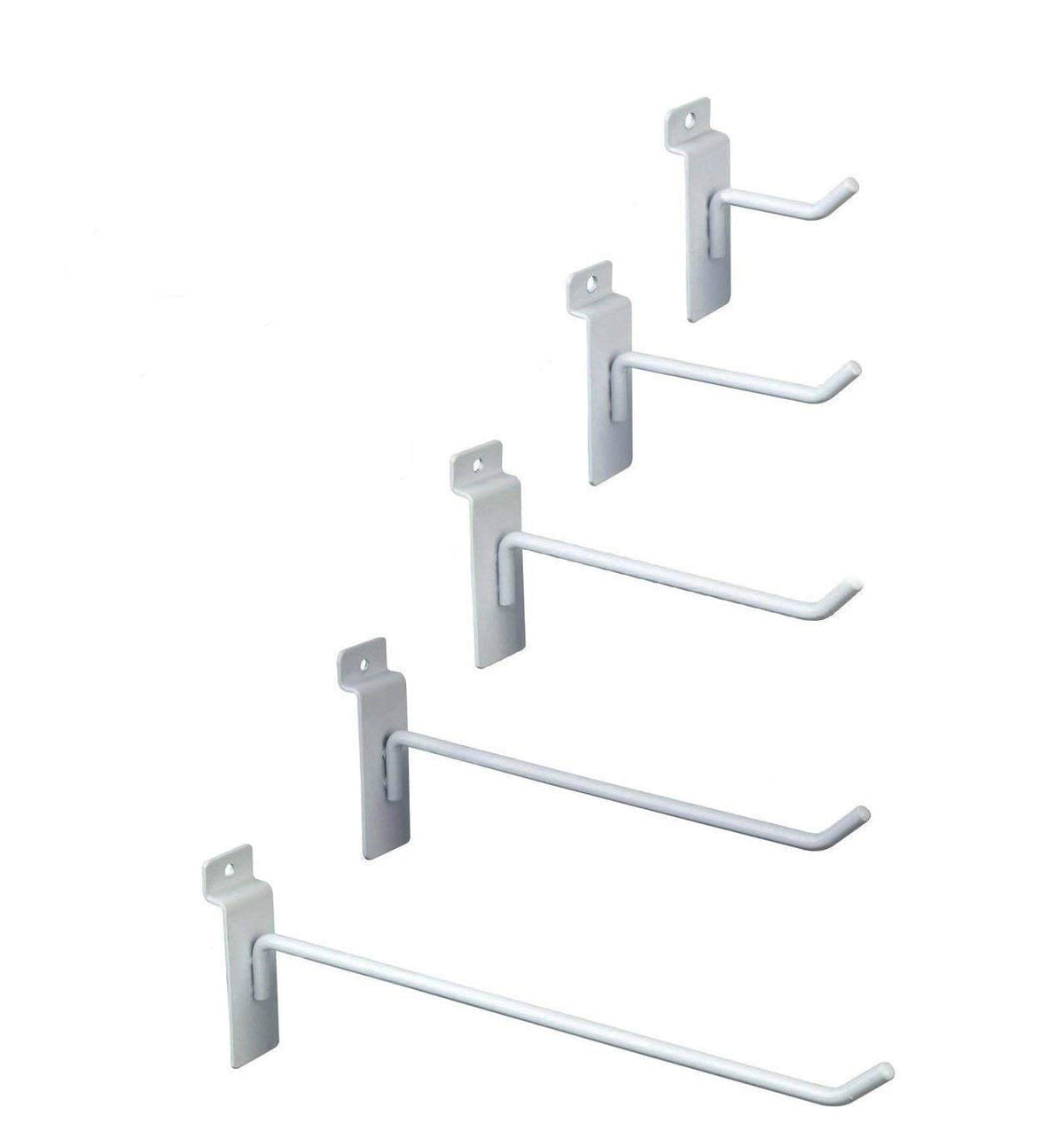 Only Hangers Commercial Grade White Slatwall Hooks - Combo Pack of 25 Assorted Size Peg Hooks for Slatwall - (5) of Each 2",4",6", 8" and 10" Hooks