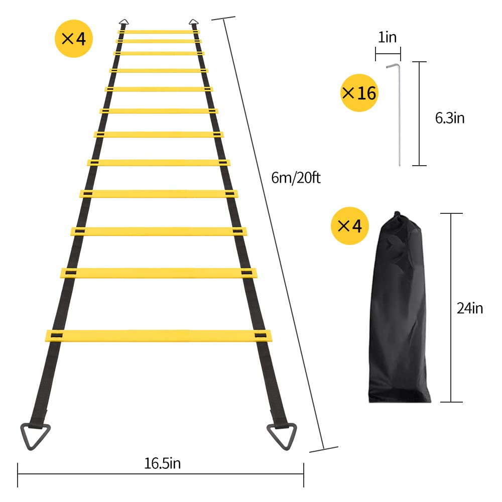 RUBY.Q 4 Pack 12 Rungs Agility Ladder Set, 20ft Speed Training Ladder with Steel Stakes and Carry Bag for Soccer, Speed Fitness Feet Training
