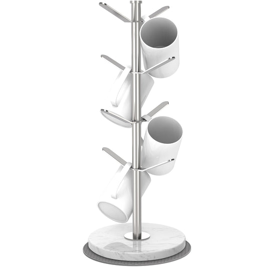 ZYZWTG Marble Mug Holder Tree with 8 Hooks, Detachable Stainless Steel Coffee Cup Holder, 2-8 Hooks Freely Adjustable, Modular Height, Heavy Duty Base Kitchen Countertop Organizer, Silver