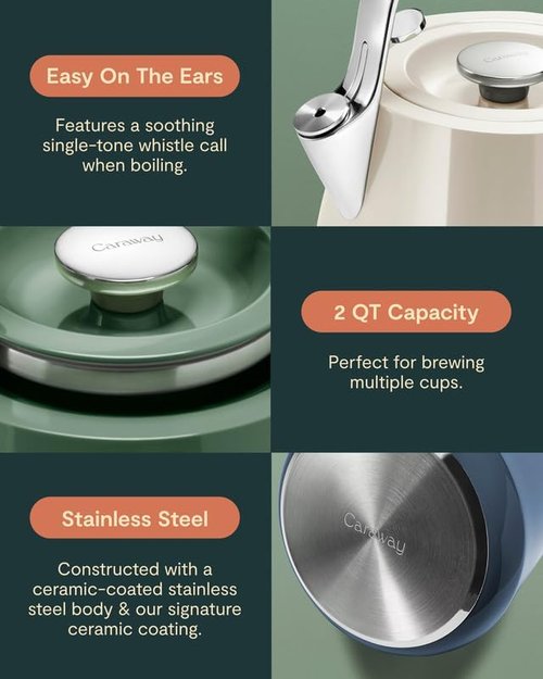 Caraway 2 Quart Whistling Tea Kettle - Durable Stainless Steel - Fast Boiling, Non-Toxic - Cream Color