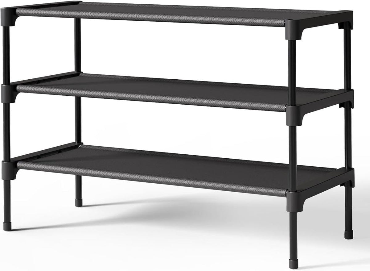 Non-Woven Shoe Rack by [Brand Name] - Stackable 3-Tier Organizer for Closet, Entryway & Garage - Black