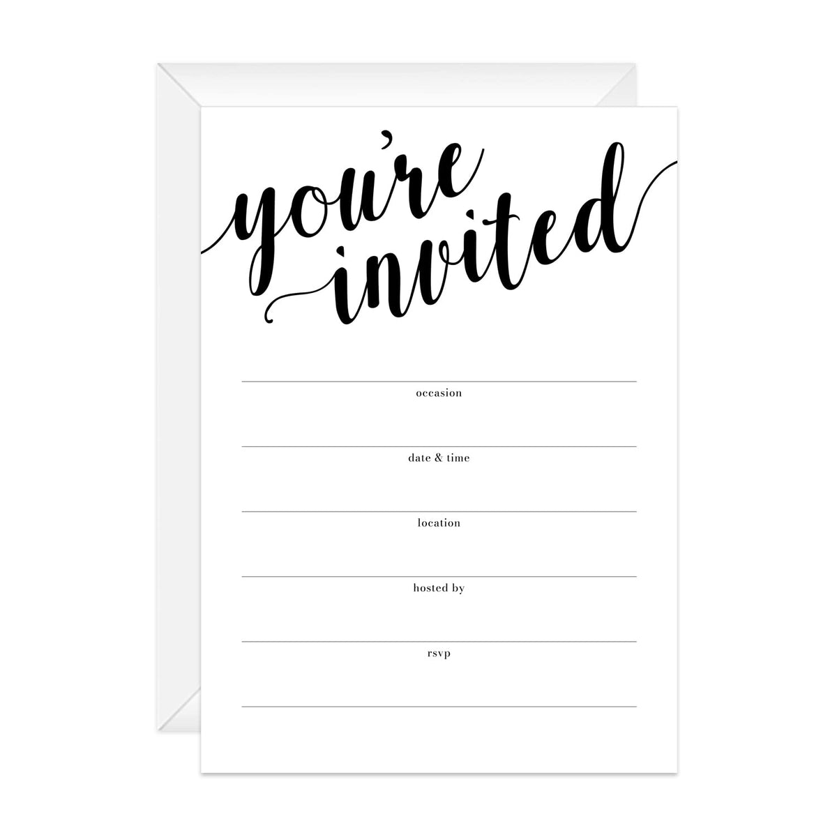Canopy Street Black And White All Occasion Script Invitations / 25 Fill In General Use Invites / 5" x 7" Flat Modern Shower Party Or Event Invitation/Made In The USA