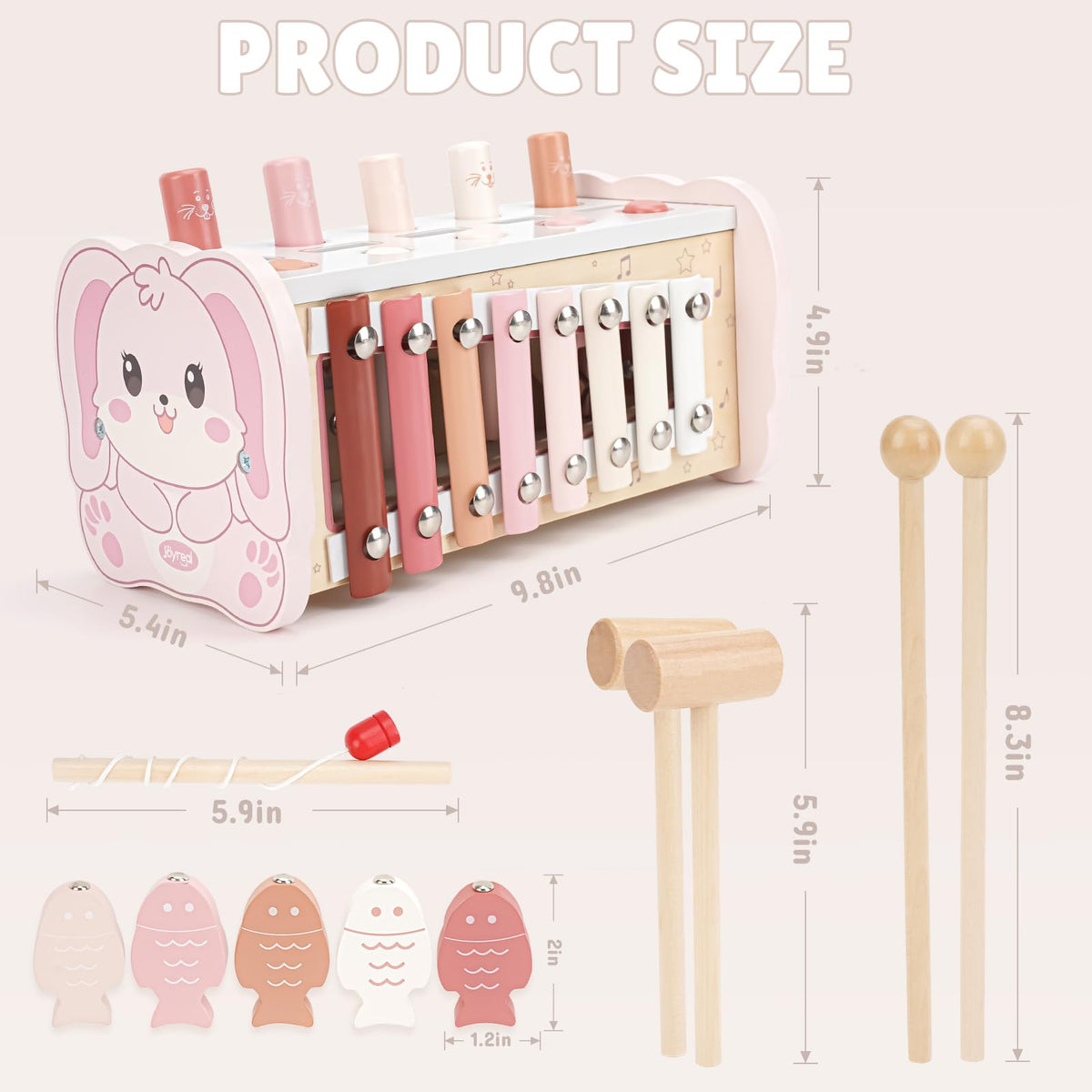 Joyreal Montessori Toys for 1 Year Old Girl Gift - Pink Wooden Hammering Pounding Toy with Xylophone & Fishing Game - Toddler Learning Activities for Kids 1+ 2 3 Year Old Christmas Birthday Gifts
