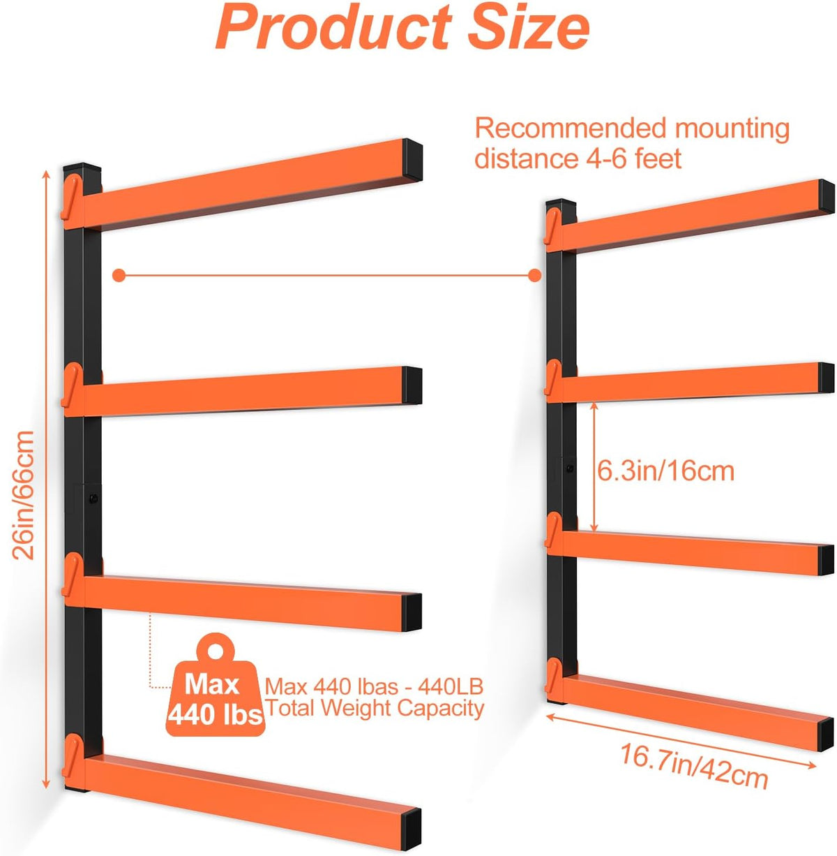 NANANARDOSO Wall Mount Wood Organizer - Heavy Duty Metal Shelf with 4 Levels | 2-Pack Lumber Storage Racks
