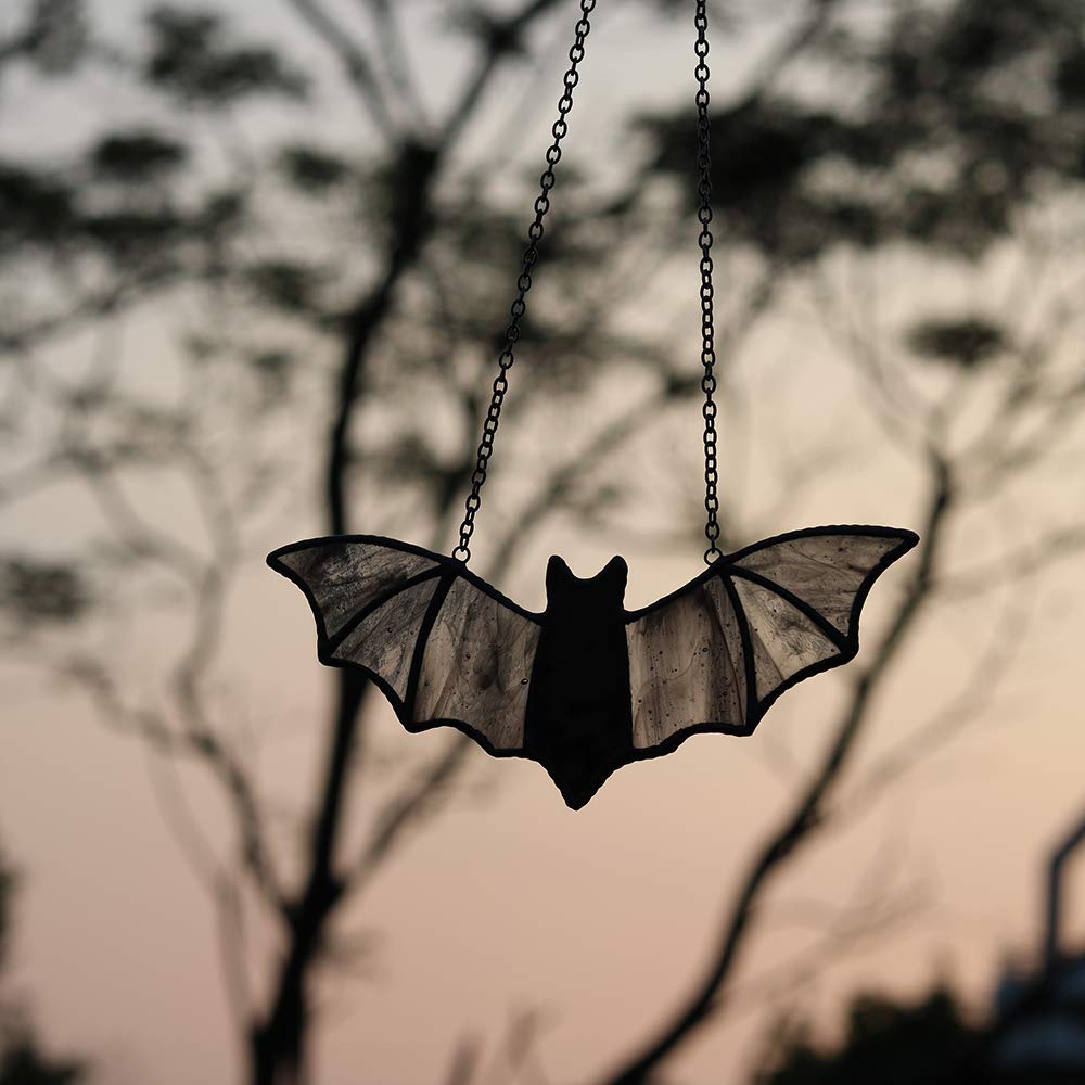 HAOSUM Bat Stained Glass Window Hanging Suncatcher for Window,Halloween Bat Decoration 7.1×3.0 inch…