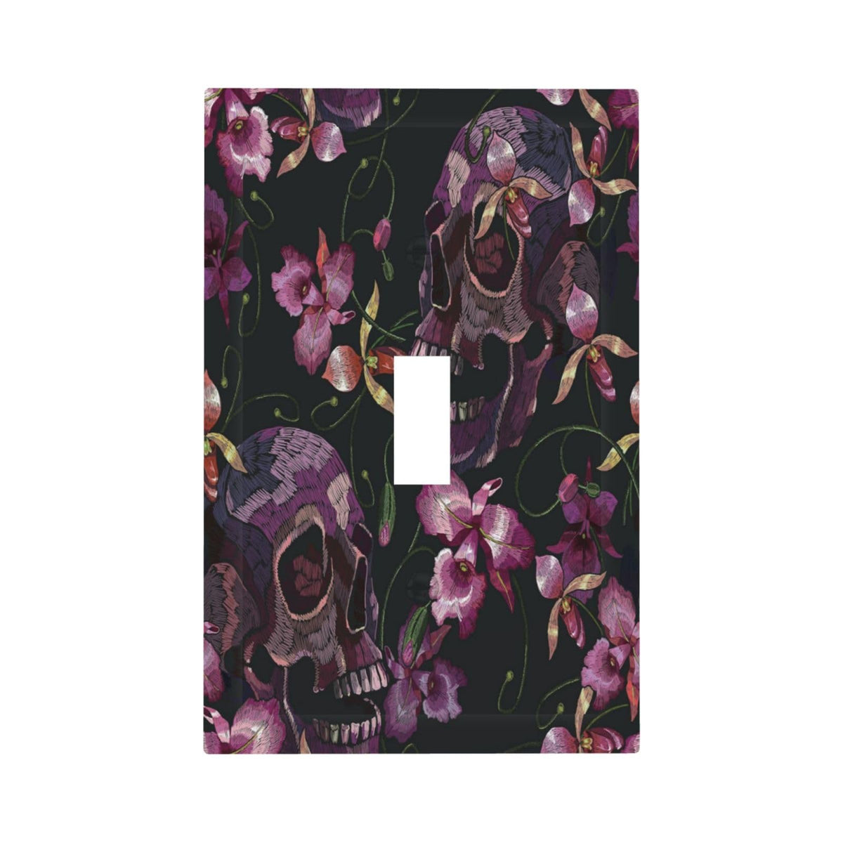 Gothic Purple Skull 1 Gang Light Switch Plate Single Toggle Wall Plate Cover Electrical Switchplate Faceplate Spooky Skeleton Goth Retro Flower Floral Halloween Plant Leaves Botanical Scary Room Decor