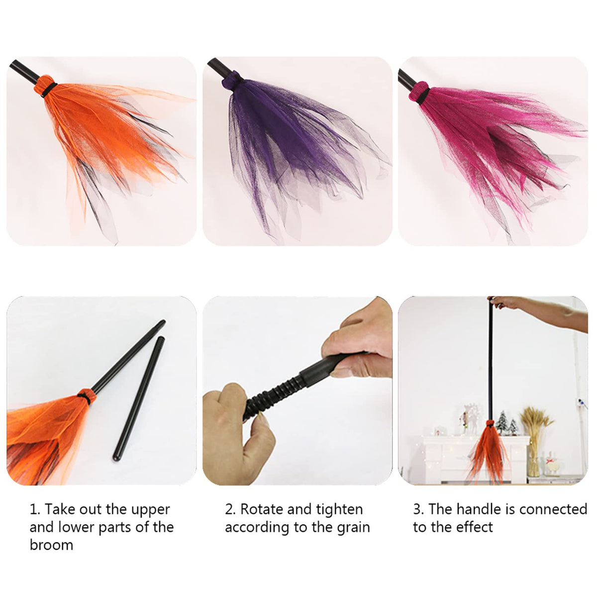 Purple Witch Broom Set, Plastic Broom Props for Kids, Halloween Costume Decor & Show, Cosplay & Party Accessory