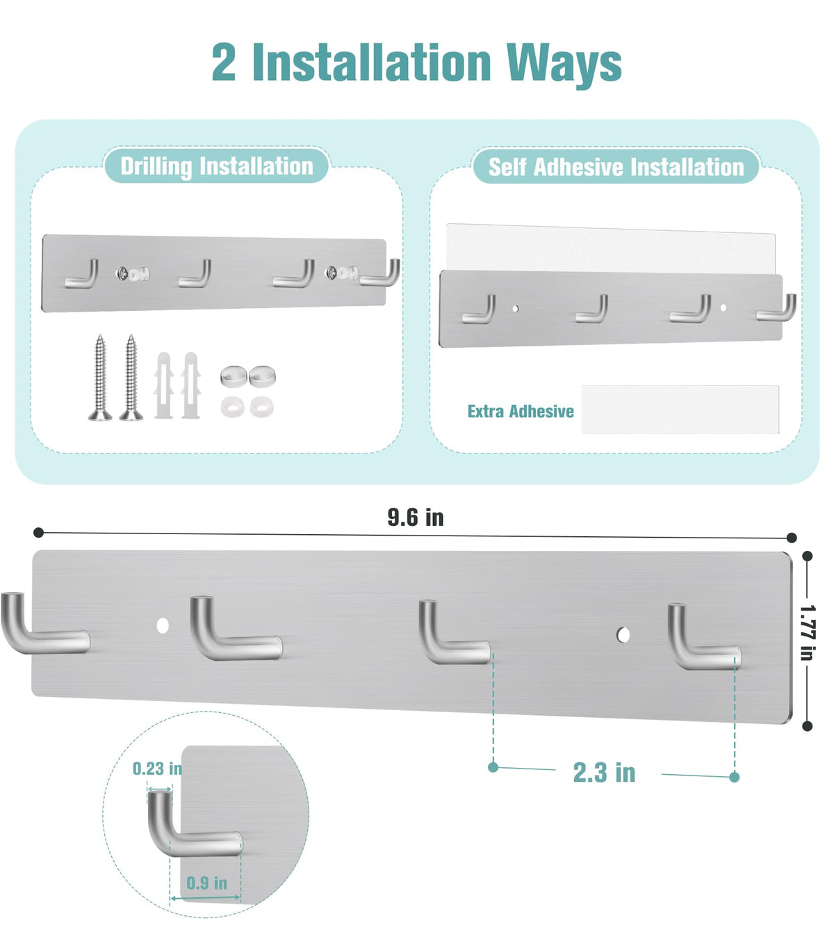 RELBRO Key Holder Wall Mount, Large Metal Self Adhesive Key Rack with 4 Hooks, 2 Installation Options, Silver