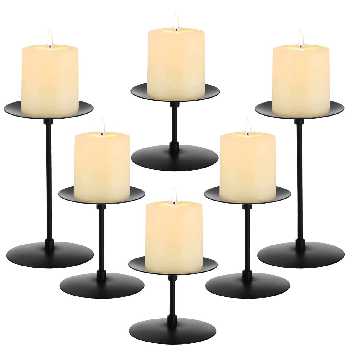 Elsjoy Set of 6 Black Pillar Candle Holders, Metal Pillar Candle Stand Fireplace Candelabras Set for Home Decor, Table Centerpiece, Wedding, 3 Sizes