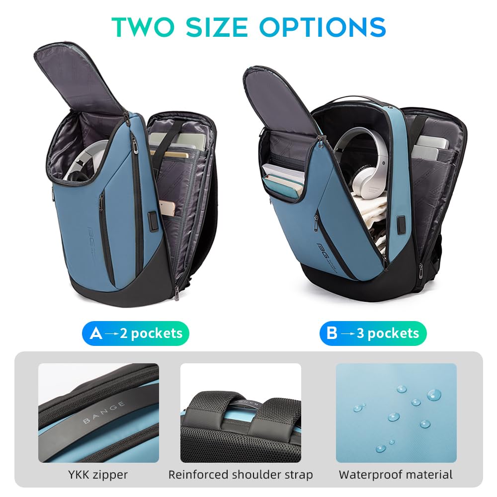 BANGE Business Smart Backpack Waterproof fit 15.6 Inch Laptop Backpack with USB Charging Port,Travel Durable Backpack (Light Blue(three Pocket), Medium)