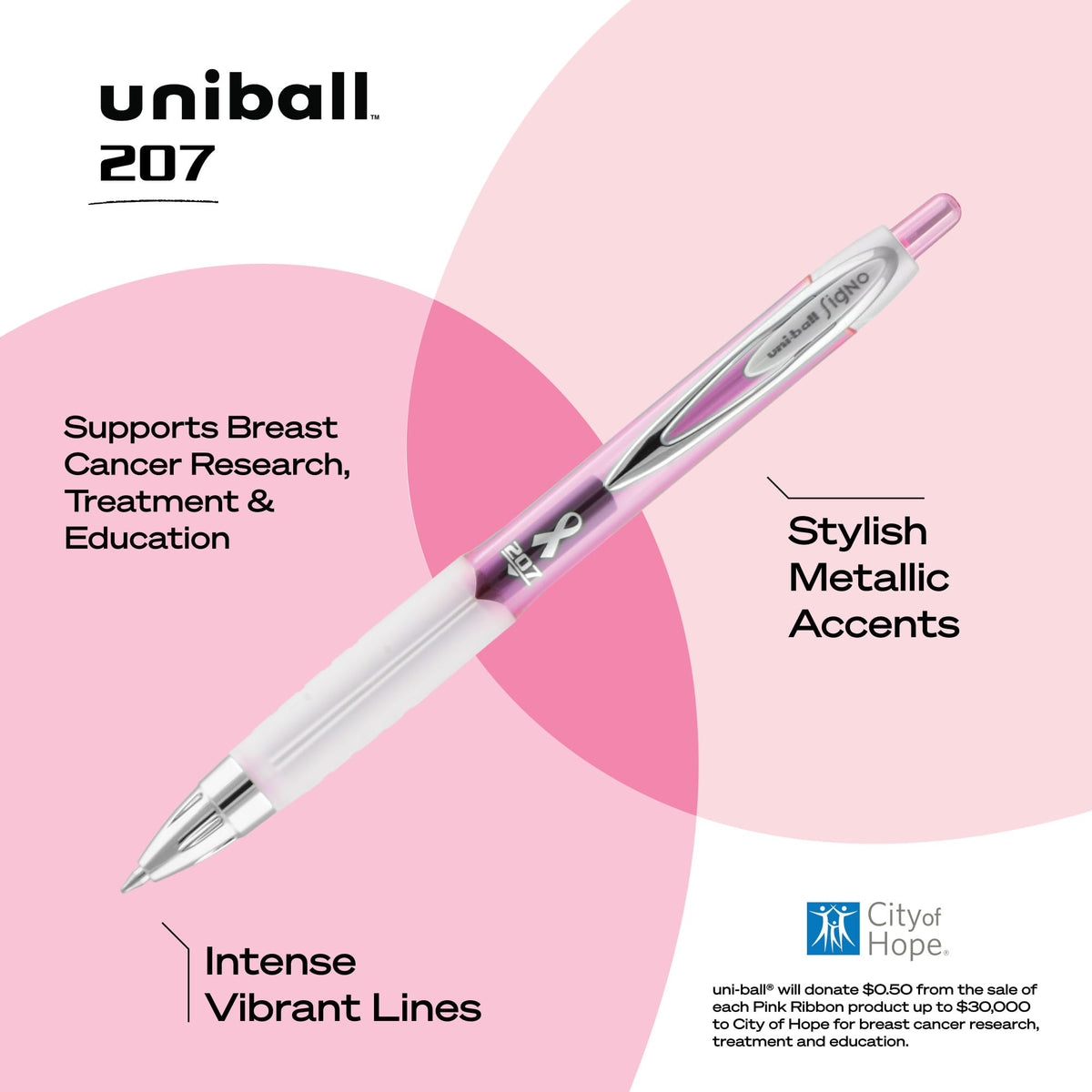 uniball 207 Pink Ribbon Retractable Gel Pens, Medium Point (0.7mm), Black, 12 Pack