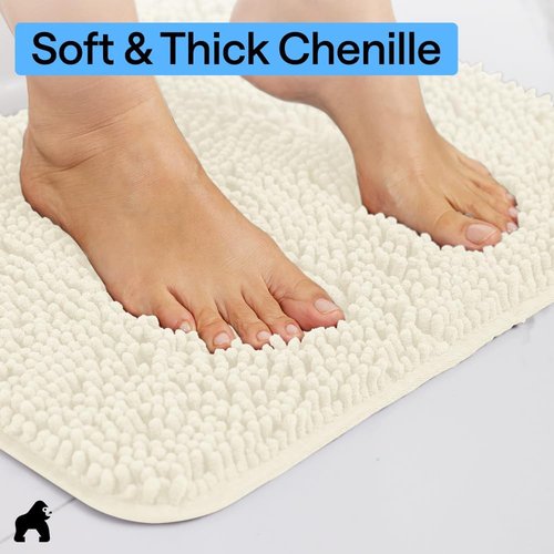 GORILLA GRIP Bath Rug Mat - Thick Soft Chenille, Quick-Dry Microfiber | 60x24 Inches, Ivory