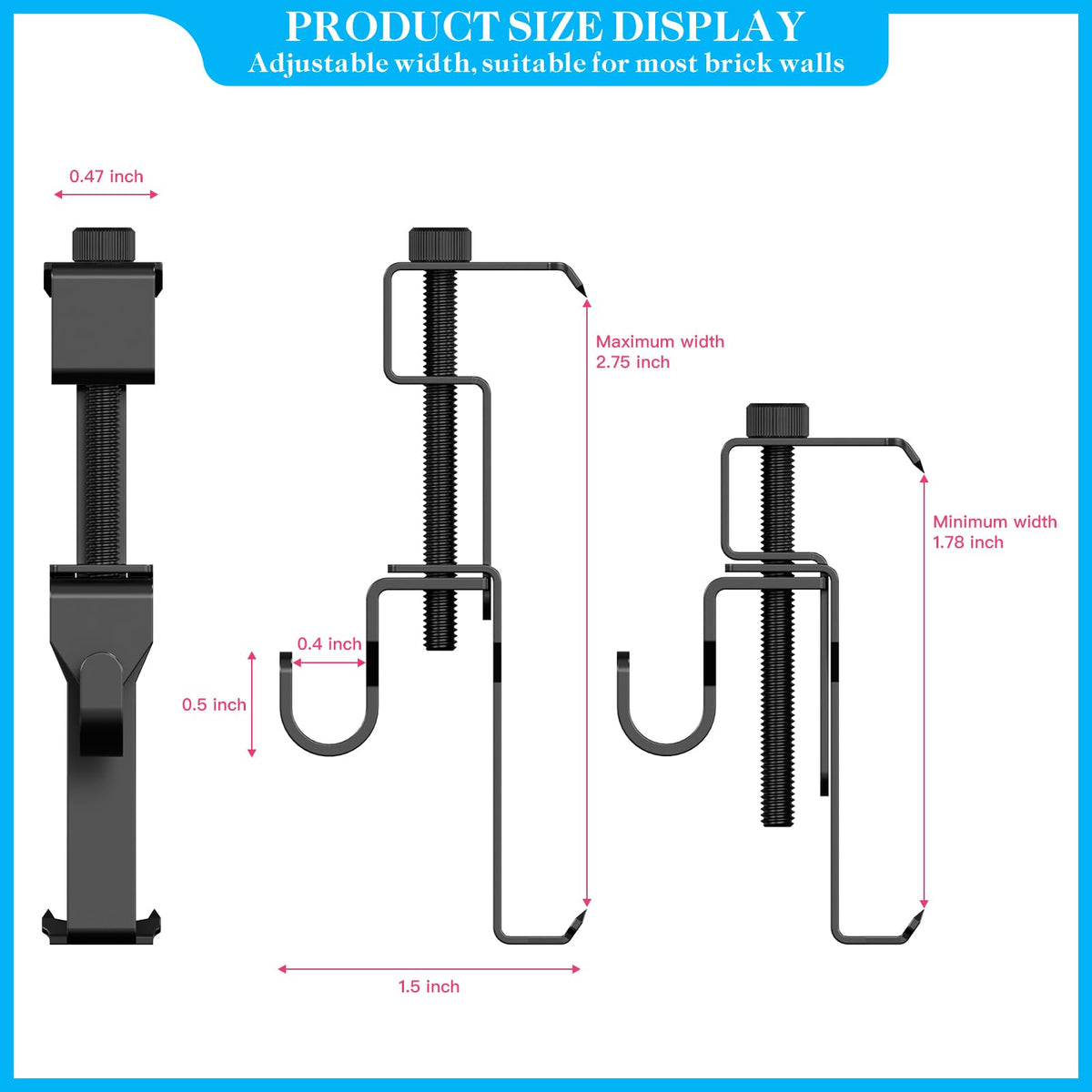 Lewufe Stainless Steel Brick Wall Clips, Brick Hooks Clamp Outdoor Heavy Duty 1-3/4" to 2-1/2" Brick Hook Brick Hangers No Drill, 6 Packs