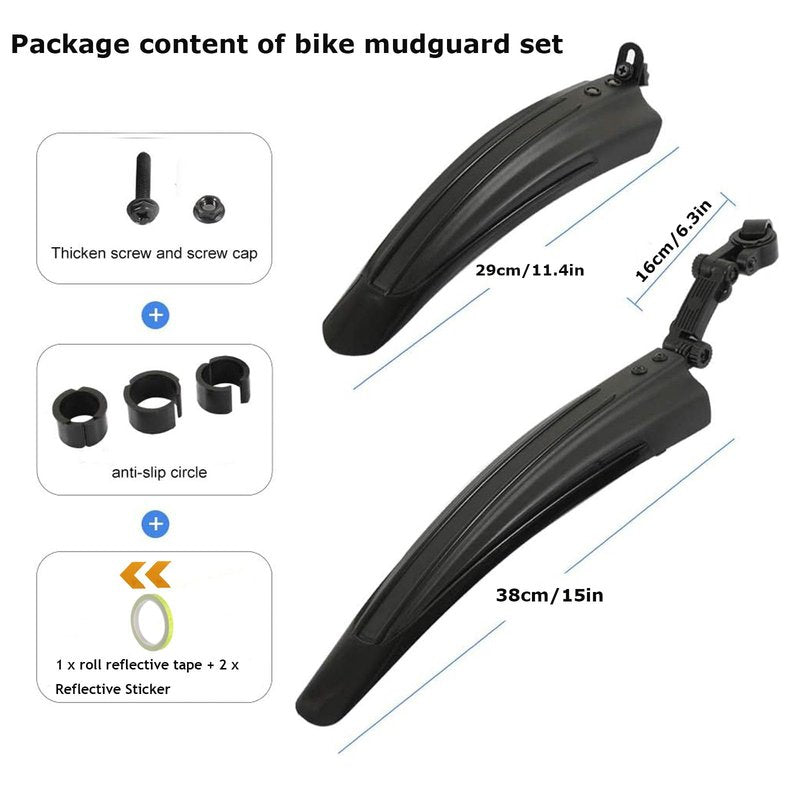 TuTuYa Bike Fender Set, Adjustable Bicycle Mudguards with 2 Arrow Reflective Stickers and 1 Reflective Tape, for 20-26 inch Bikes, Universal Front and Rear Tire Mud Guard for Most of Popular Bicycles