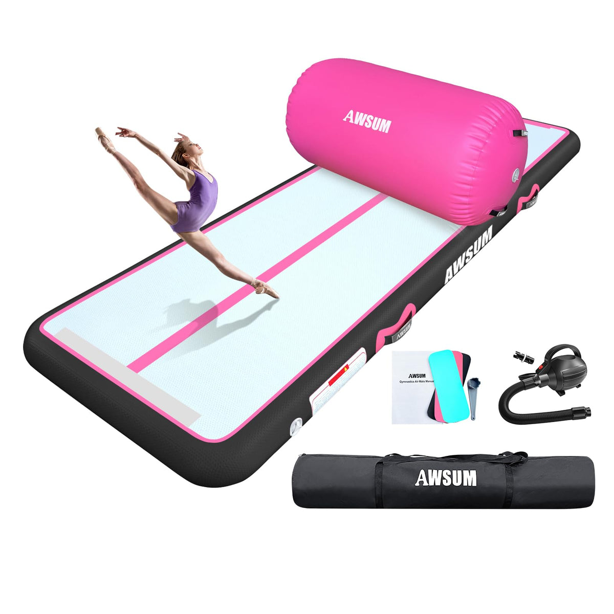 AWSUM 13ft Gymnastics Mat with Air Roller Tumbling Barrel Back Somersault Backbend Trainer for Inflatable Gymnastics Springboard Back Handspring Equipment, with Electric Pump