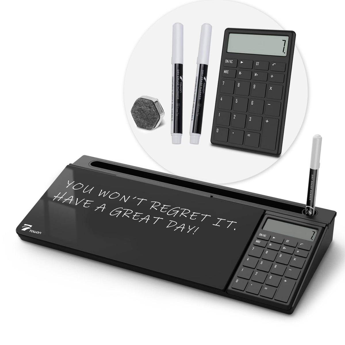 TOWON Desktop Glass Whiteboard with Basic Calculator, 12 Digit LCD Display, Desk Organizers with Accessories for Office, Home, School Supplies, Storage with Dry Erase Board Surface, Black, 17'' x 6''