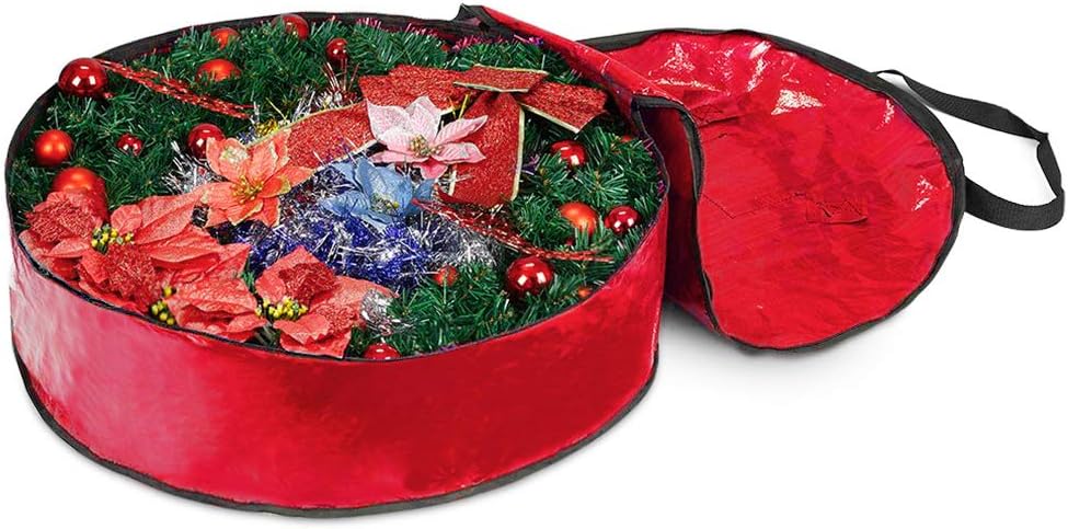 ProPik Christmas Wreath Storage Bag - Heavy-Duty Tear Resistant Container with Handles | 24” x 8” (Red)