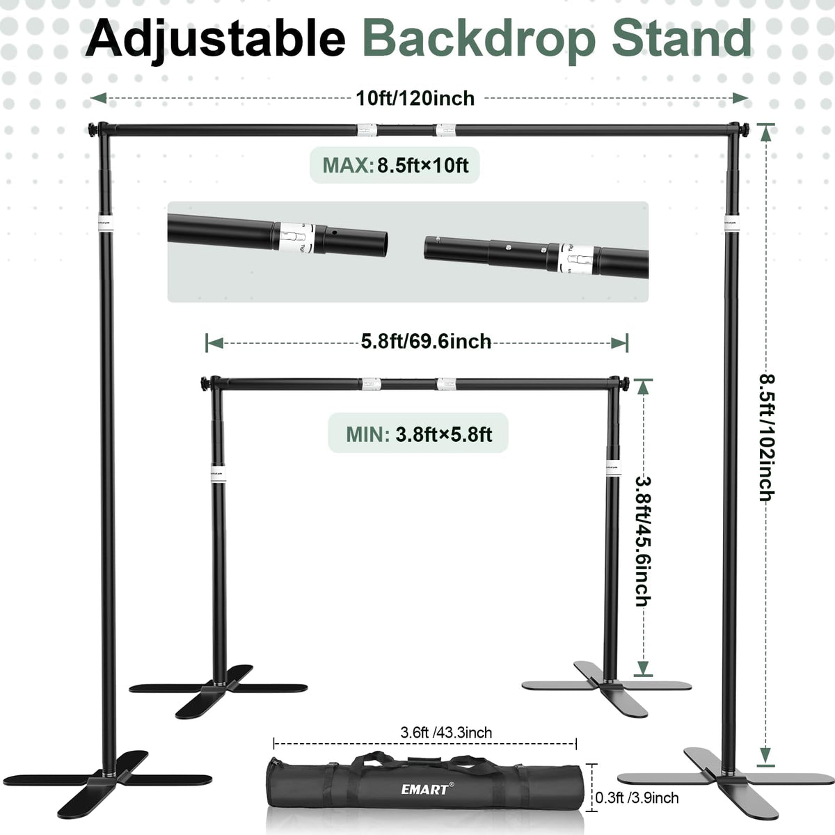 EMART Pipe and Drape Backdrop Stand Kit 8.5x10ft, Heavy Duty Back Drop Adjustable Stand with X-Shaped Base, Metal Background Frame for Parties Wedding Birthday Decoration Photography Photo Booth Video