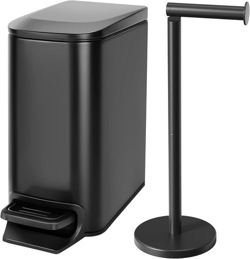 Cesun Bathroom Essentials Bundle - Soft Close Trash Can & Toilet Paper Holder Stand | 1.6 Gallon, Matte Black