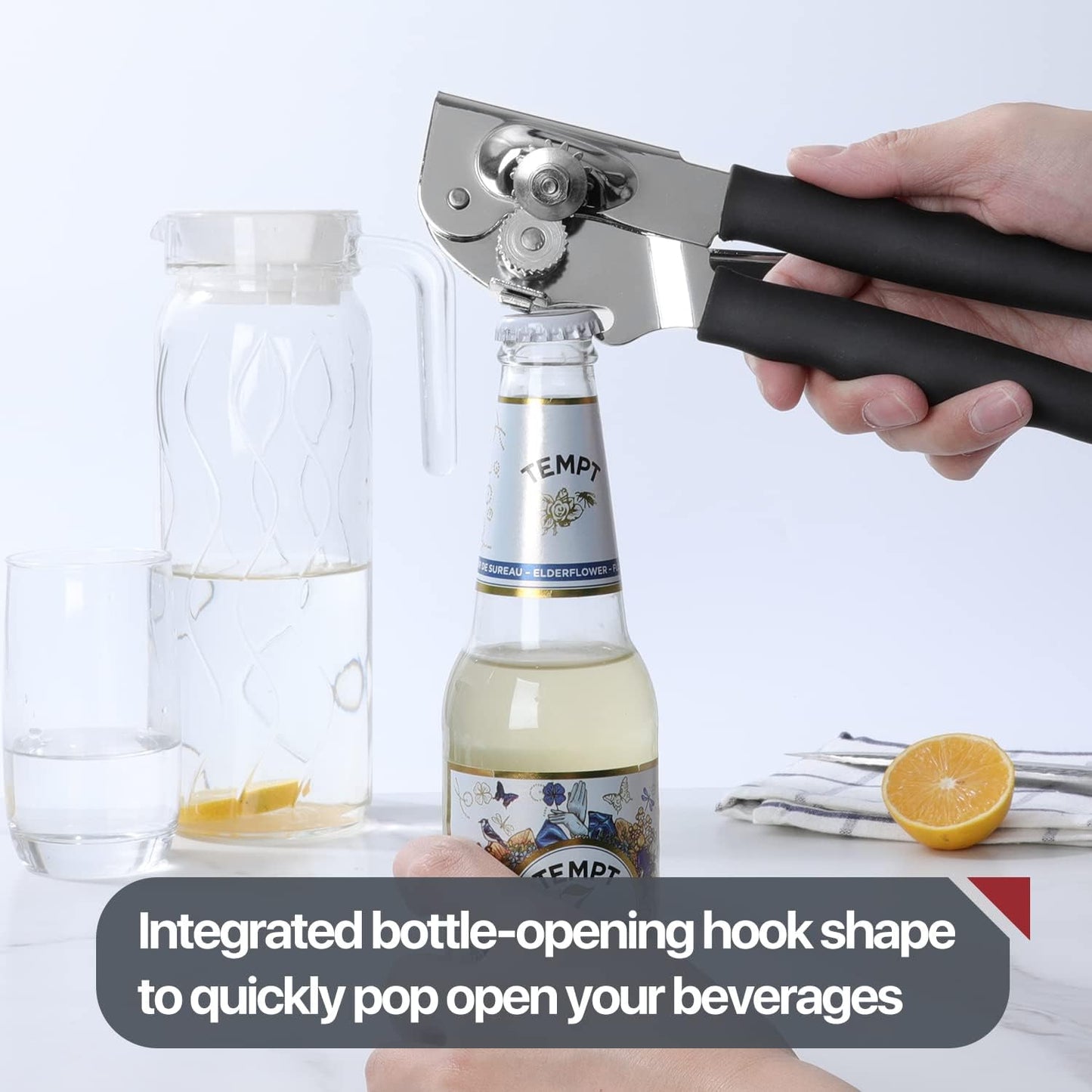 UHIYEE Heavy-Duty Manual Can Opener - Comfortable Extra-Long Handles & Oversized Knob | Black