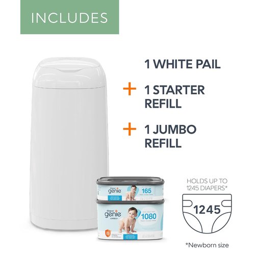 Diaper Genie Classic Diaper Pail Gift Set - Push-N-Lock Odor Control | Includes Starter & Jumbo+ Refill | Holds 1,245 Newborn Diapers