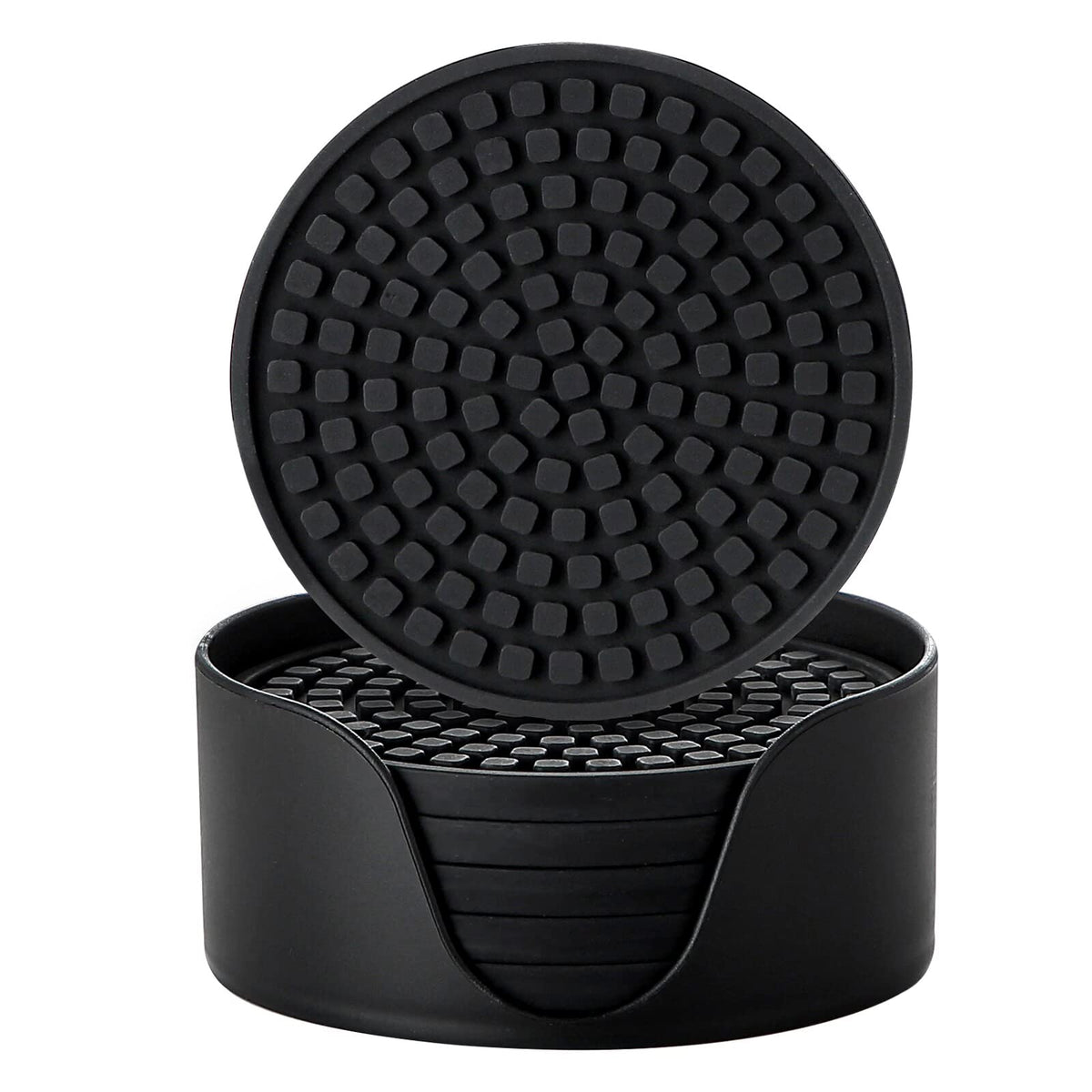 Colinda Silicone Drink Coasters with Holder, Set of 6, Outdoor Cup Mat for Hot or Cold Drinks, Thickened, Non-Slip,Non-Stick, Black