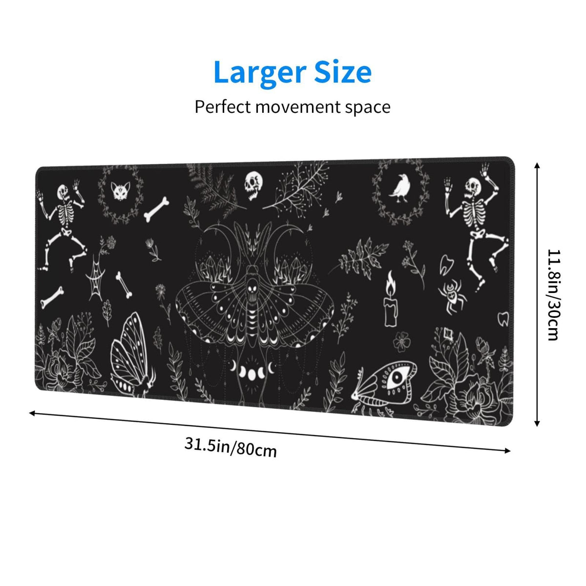 Moth Gaming Mouse Pad XL Halloween Elements Large Extended Non Slip Rubber Base Desk Mat Stitched Edge Keyboard Mat 31.5x11.8 Inch