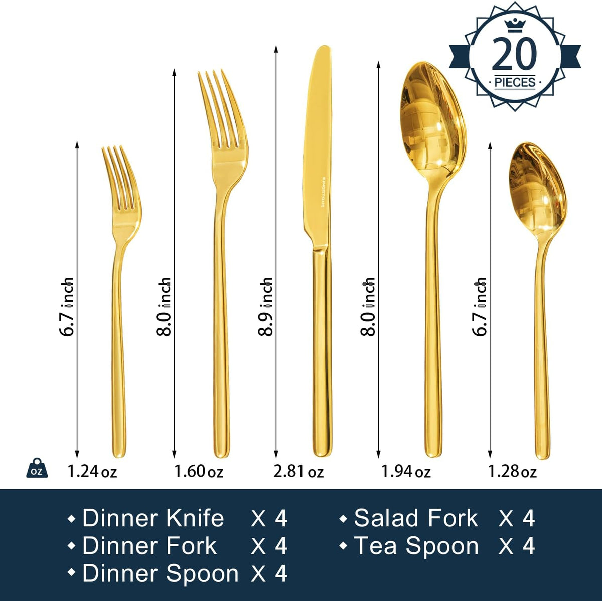 KINGSTONE 20-Piece Gold Silverware Set - 18/10 Stainless Steel, Mirror Polished, Dishwasher Safe for Home & Events