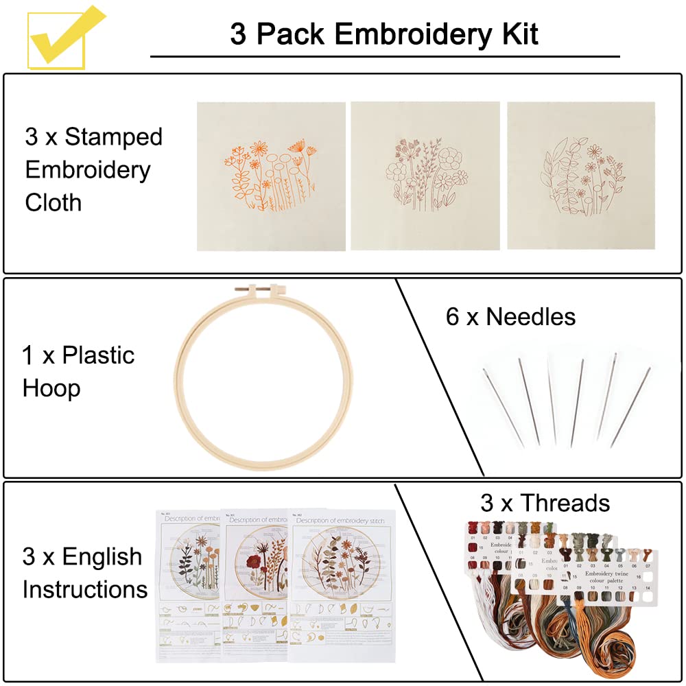 Uphome 3 Pack Embroidery Starter Kit for Beginners Stamped Cross Stitch Kits with Cute Flowers and Plants Patterns with 1 Embroidery Hoop and Color Threads for Adults Kids