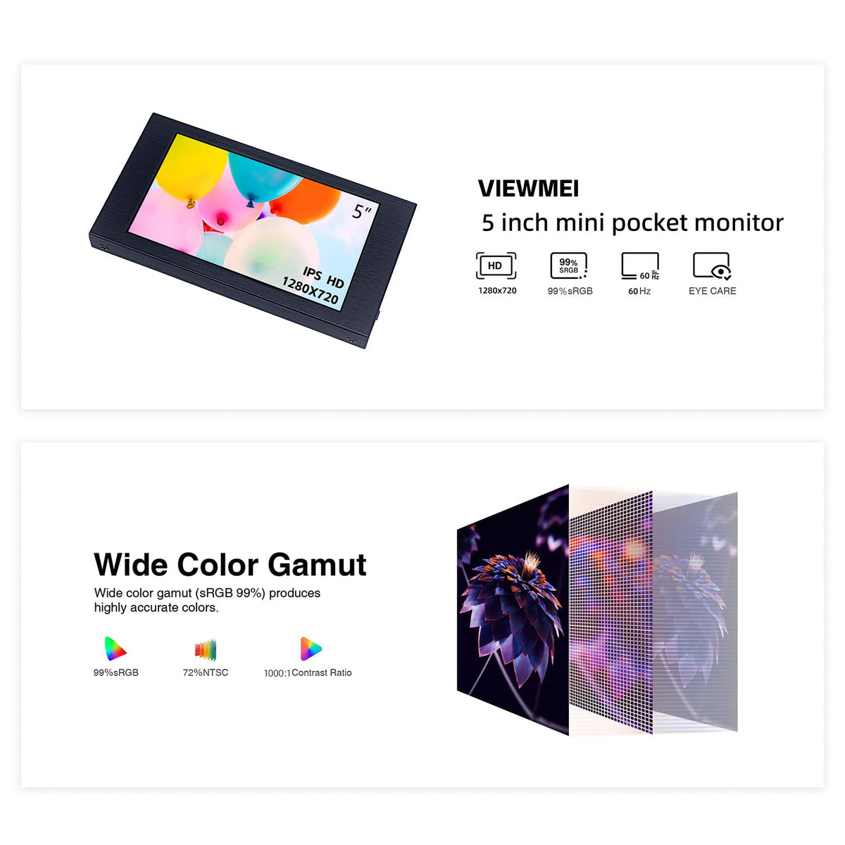 VIEWMEI 5 inch IPS Small Hdmi Monitor 1280 * 720 Mini LCD Screen Portable Display Monitor