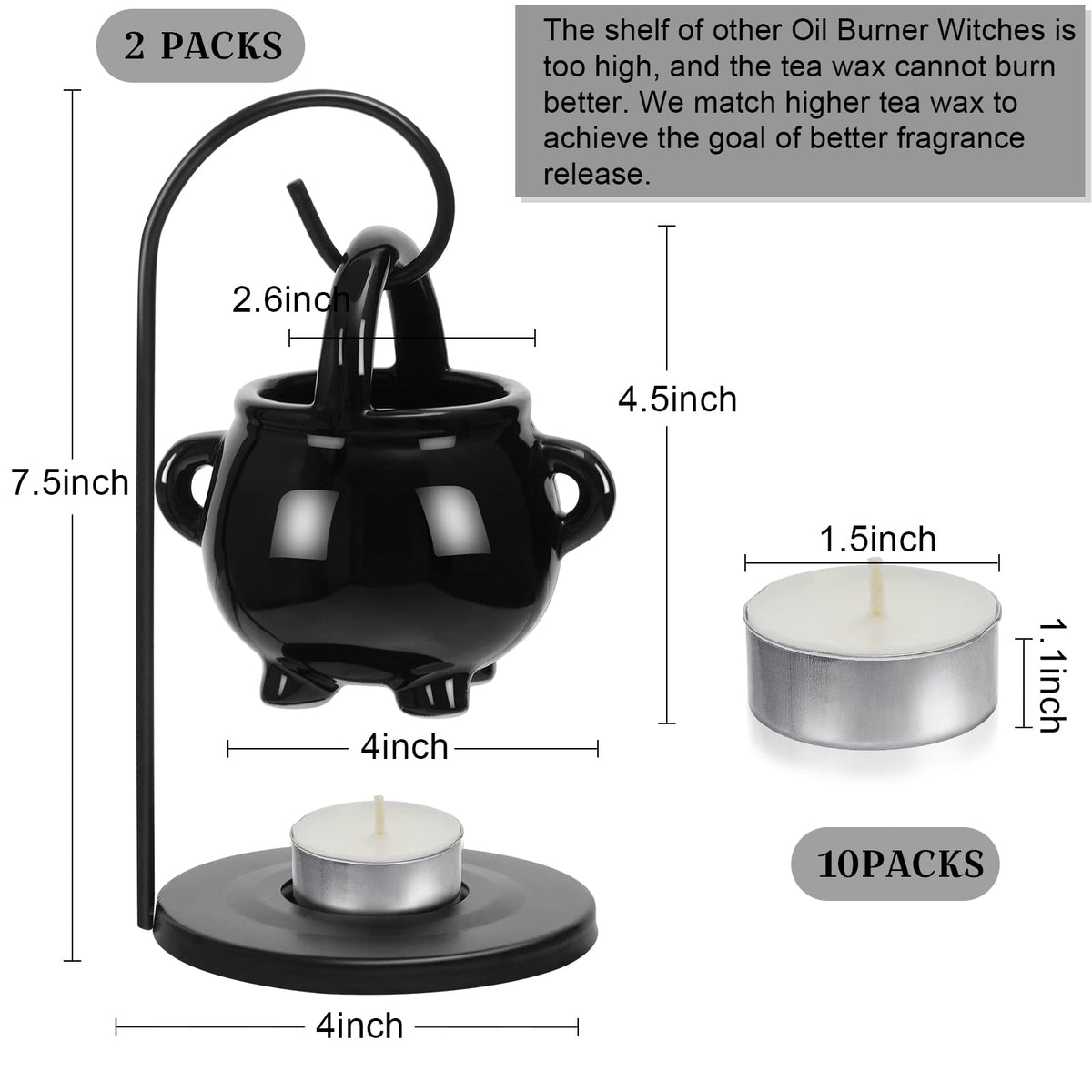 2 Pcs Hanging Pagan Cauldron Oil Burner, Cauldron Wax Warmer Diffuser with Handle 10 Pcs White Tea Lights Candles Witch Decor for Home Wax Melts Christmas Gothic